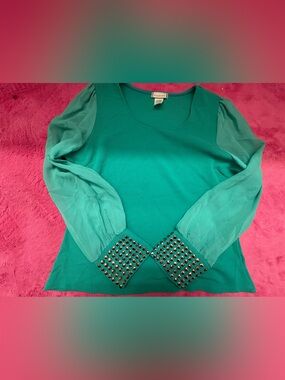Teal Long Sleeve Top with Sheer Sleeves and Studded Cuffs